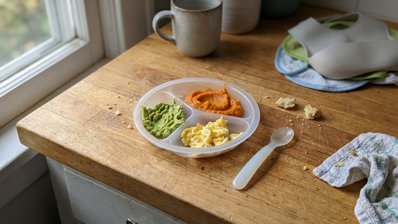 Baby sitting in high chair exploring first foods with hands