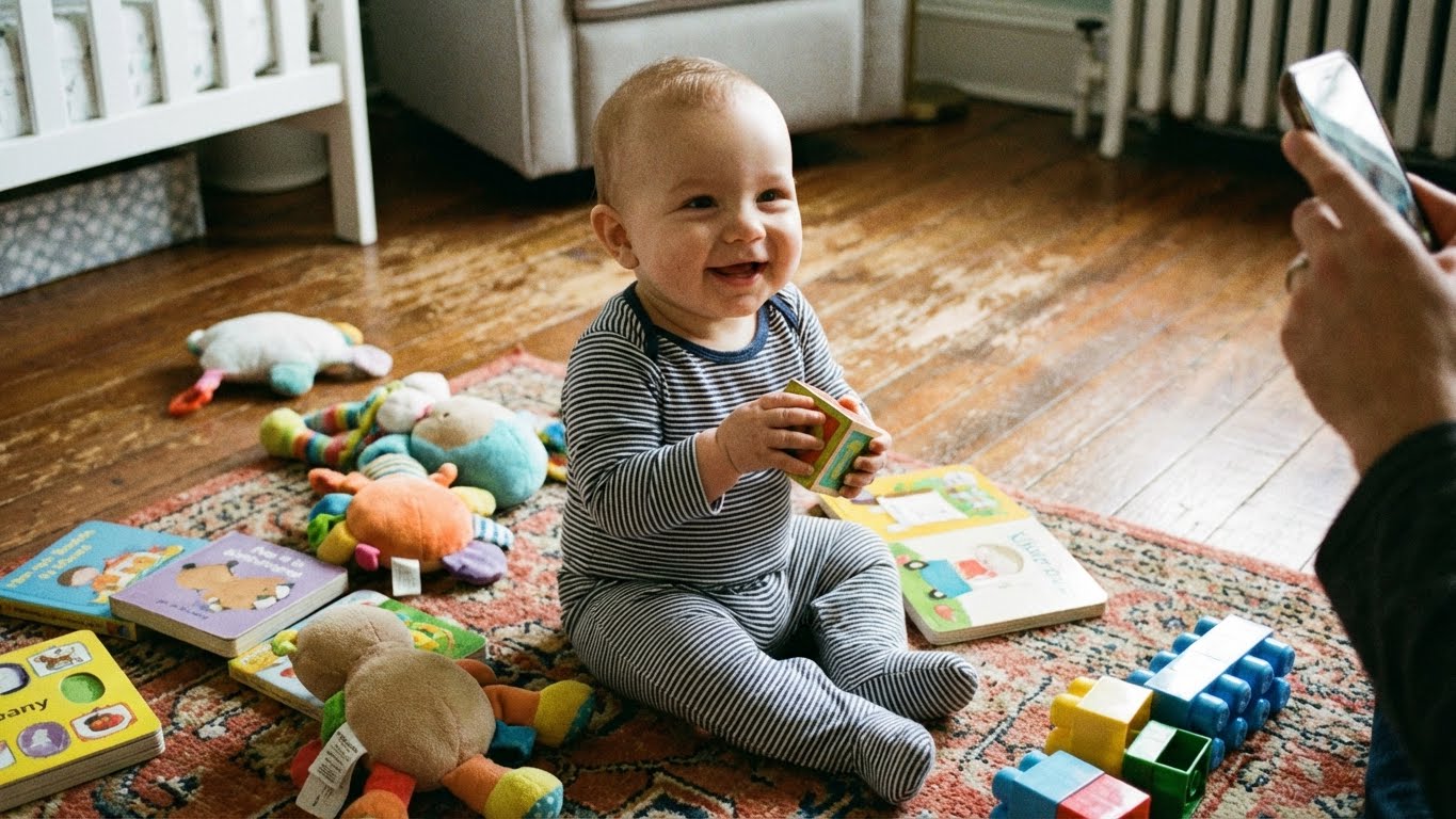 Bambino felice che afferra i giocattoli durante il tummy time
