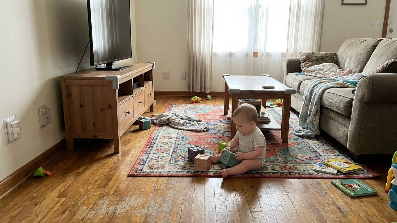 Bezpieczny, zabezpieczony przed dziećmi salon z miękką strefą zabaw