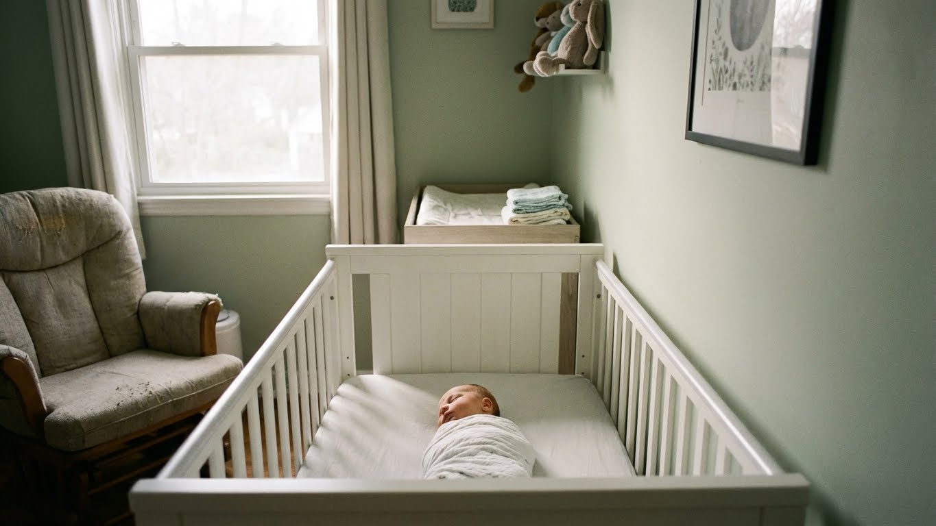 Recém-nascido dormindo pacificamente em berço branco
