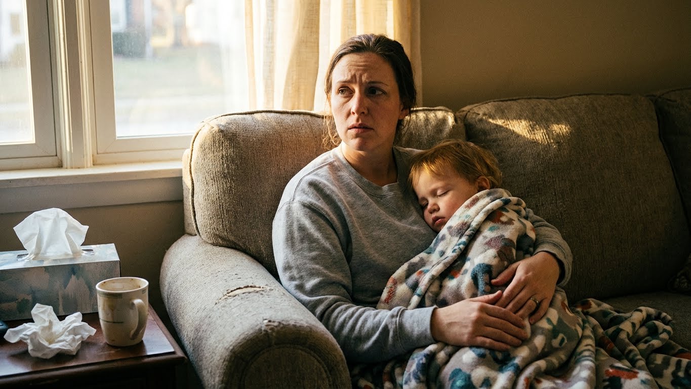 Vanhempi tarkistaa sairaan lapsen lämpöä otsalämpömittarilla