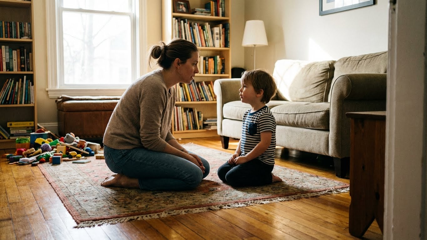 Förälder pratar lugnt med litet barn i ögonhöjd