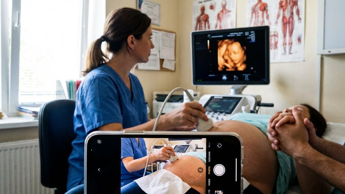 Donna incinta che riposa sul divano con aria stanca, una mano sulla fronte