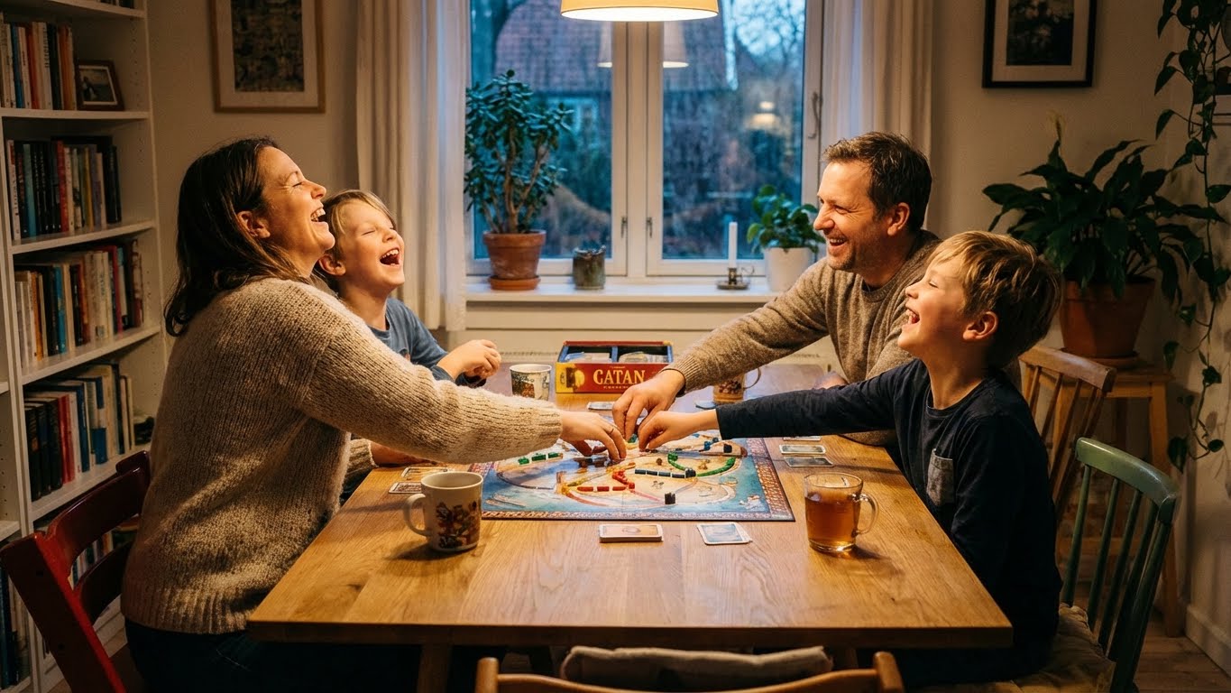 Famiglia che trascorre del tempo senza schermi giocando a un gioco da tavolo insieme