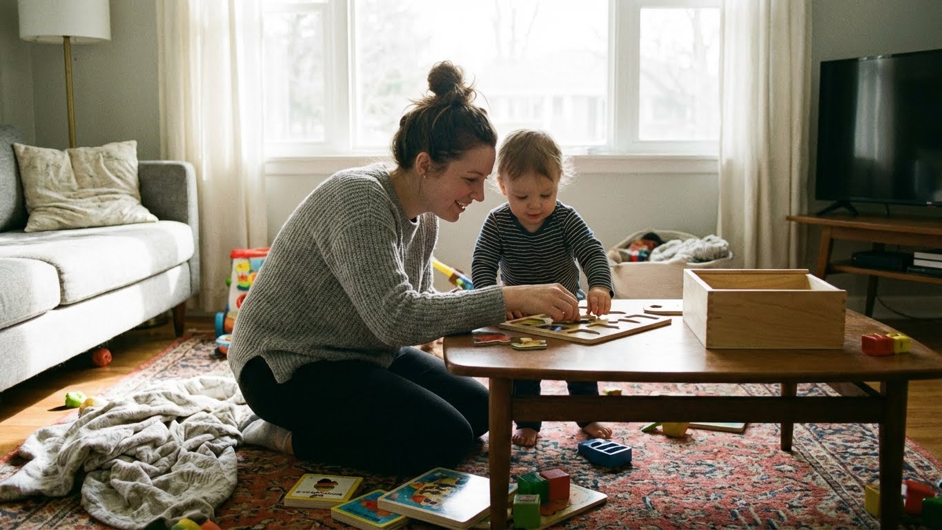 Criança pequena brincando de forma independente com blocos de construção